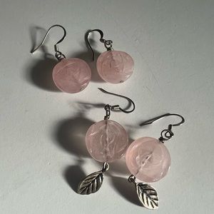 Pink Rose Quartz and Silver Leaf Drop Earrings